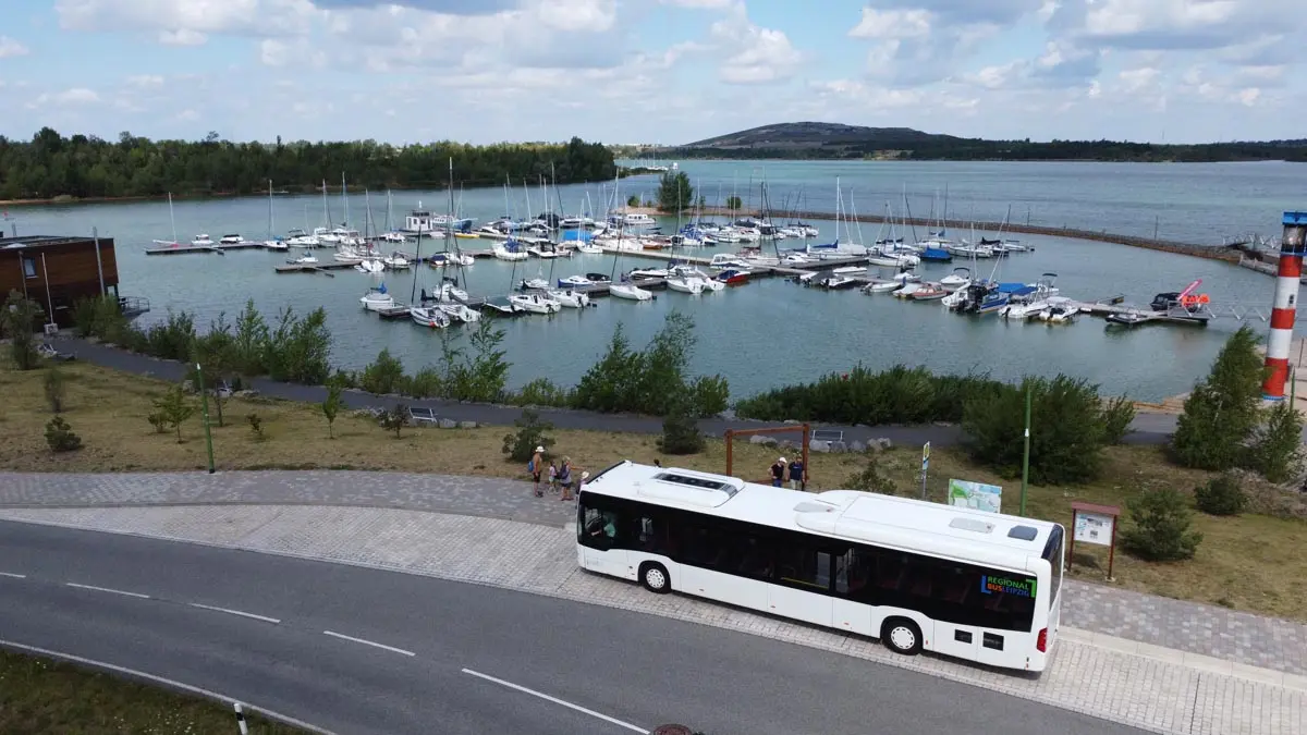 Ein Linienbus steht an einer Haltestelle am Störmthaler See.