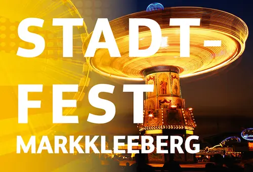 Banner zum Stadtfest in Markkleeberg. Es zeigt ein Karussell in den Abendstunden.